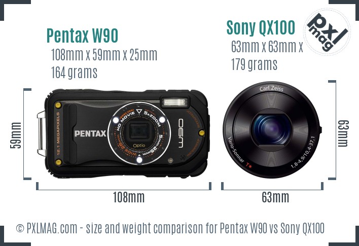 Pentax W90 vs Sony QX100 size comparison Pentax W90 vs Sony QX100 size comparison