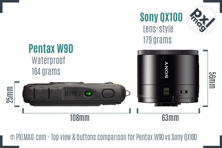 Pentax W90 vs Sony QX100 top view buttons comparison