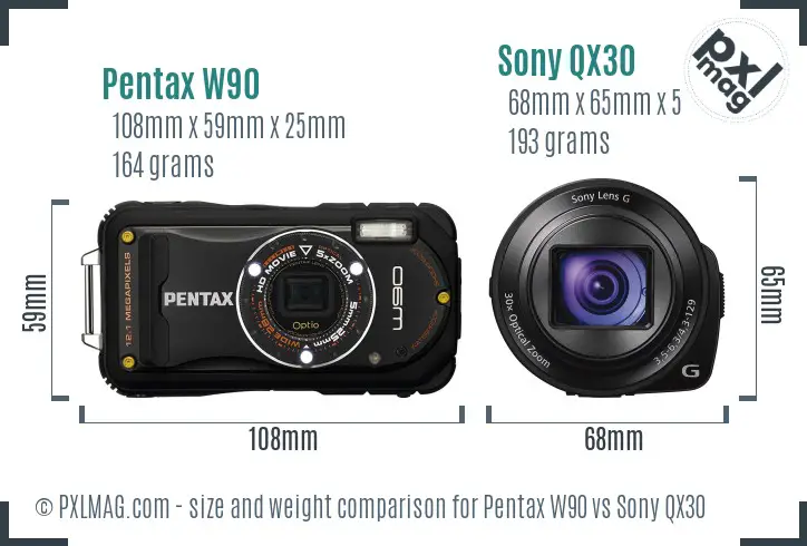 Pentax W90 vs Sony QX30 size comparison