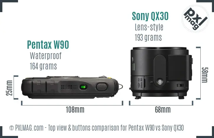 Pentax W90 vs Sony QX30 top view buttons comparison