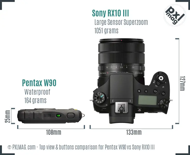 Pentax W90 vs Sony RX10 III top view buttons comparison Pentax W90 vs Sony RX10 III top view buttons comparison
