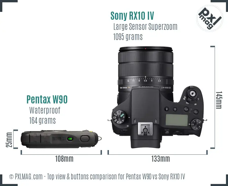 Pentax W90 vs Sony RX10 IV top view buttons comparison