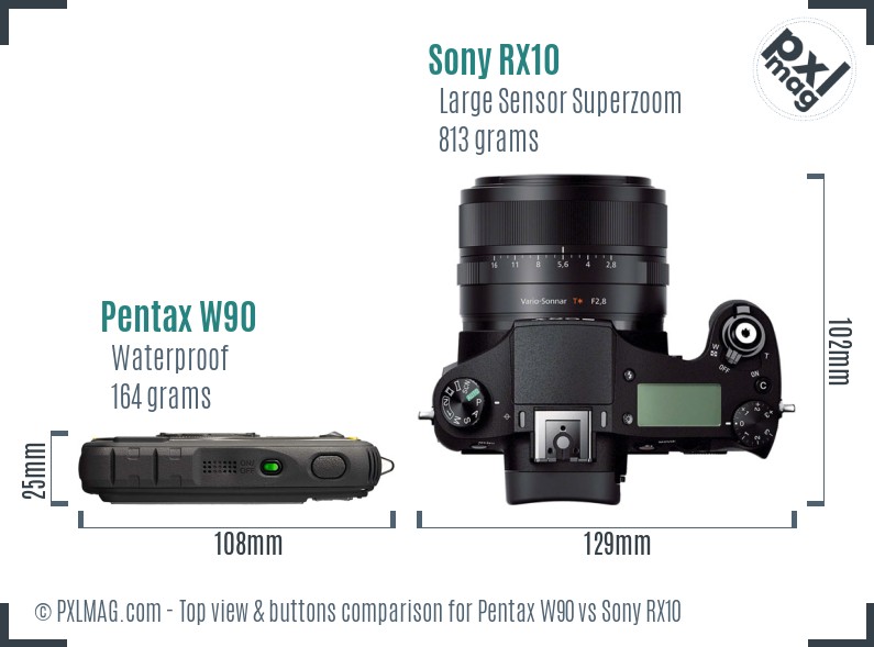 Pentax W90 vs Sony RX10 top view buttons comparison