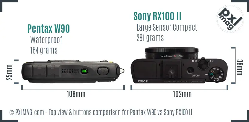 Pentax W90 vs Sony RX100 II top view buttons comparison