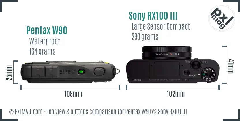 Pentax W90 vs Sony RX100 III top view buttons comparison