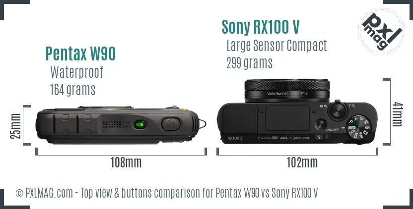 Pentax W90 vs Sony RX100 V top view buttons comparison