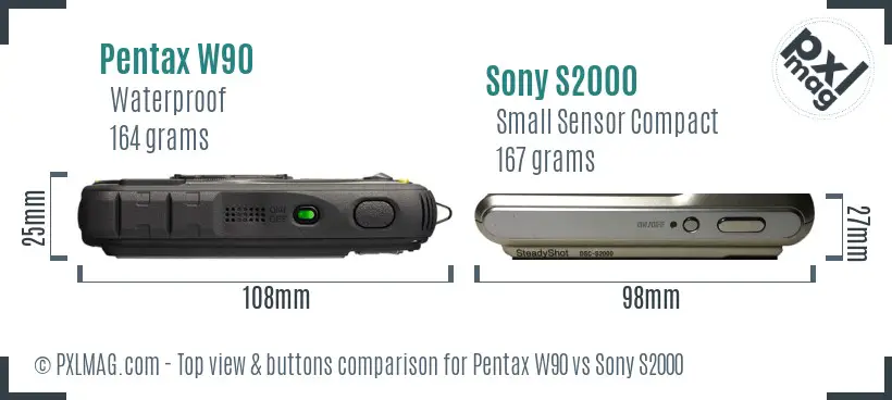 Pentax W90 vs Sony S2000 top view buttons comparison