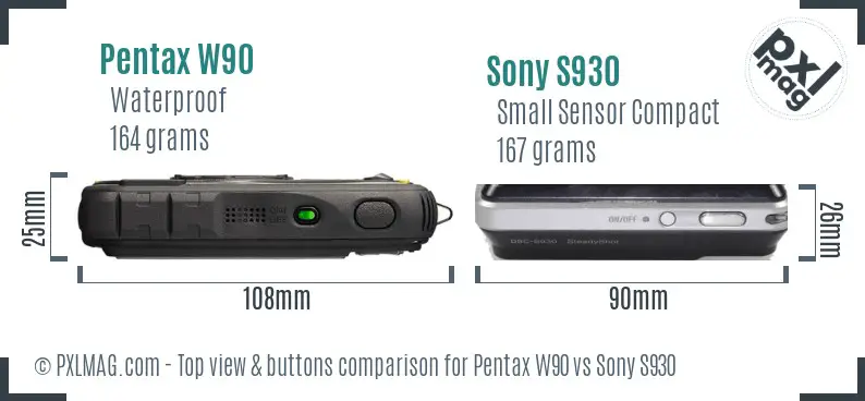 Pentax W90 vs Sony S930 top view buttons comparison Pentax W90 vs Sony S930 top view buttons comparison