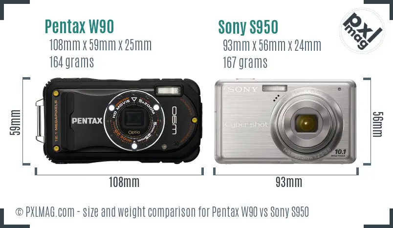 Pentax W90 vs Sony S950 size comparison