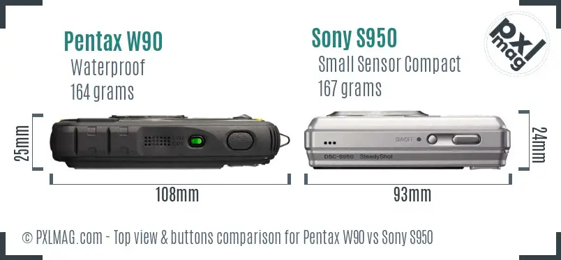 Pentax W90 vs Sony S950 top view buttons comparison