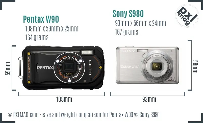 Pentax W90 vs Sony S980 size comparison