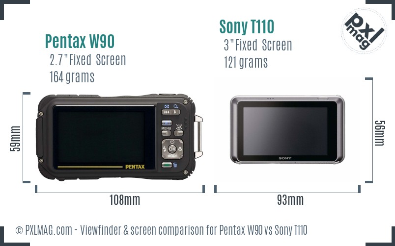 Pentax W90 vs Sony T110 Screen and Viewfinder comparison