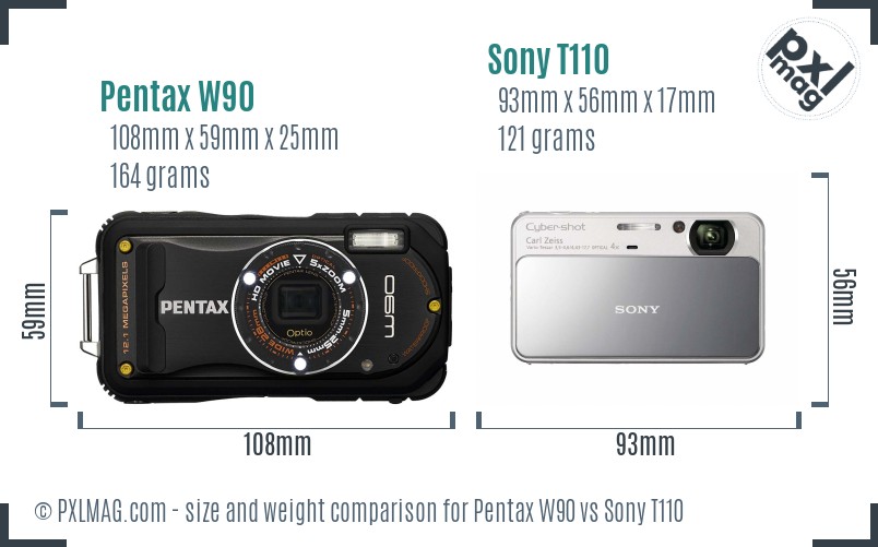 Pentax W90 vs Sony T110 size comparison