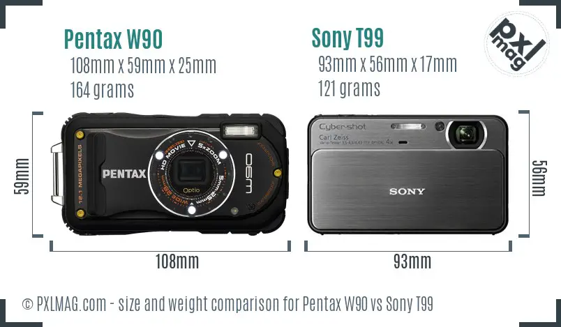 Pentax W90 vs Sony T99 size comparison Pentax W90 vs Sony T99 size comparison