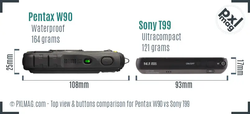 Pentax W90 vs Sony T99 top view buttons comparison Pentax W90 vs Sony T99 top view buttons comparison