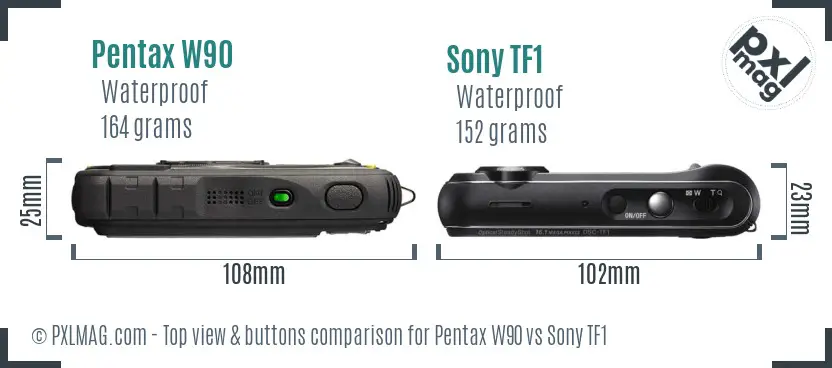 Pentax W90 vs Sony TF1 top view buttons comparison