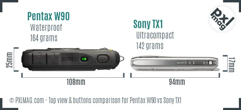 Pentax W90 vs Sony TX1 top view buttons comparison Pentax W90 vs Sony TX1 top view buttons comparison