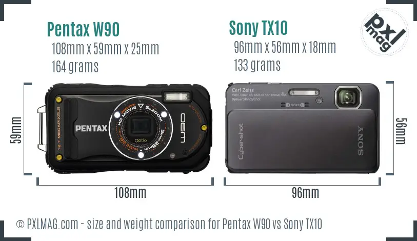 Pentax W90 vs Sony TX10 size comparison