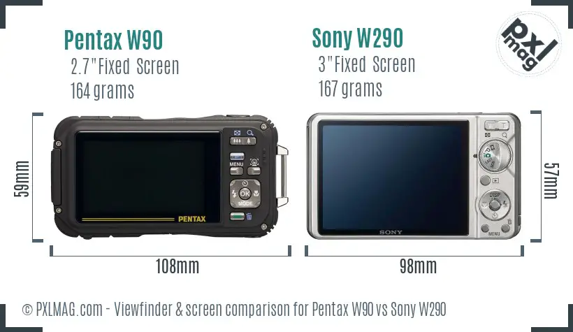 Pentax W90 vs Sony W290 Screen and Viewfinder comparison