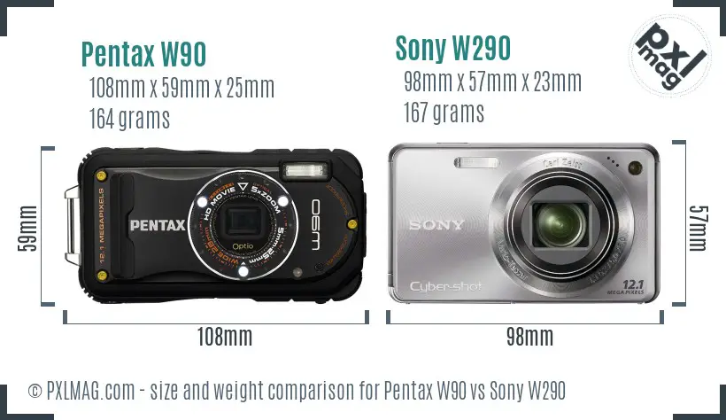 Pentax W90 vs Sony W290 size comparison