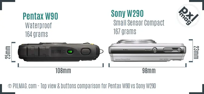 Pentax W90 vs Sony W290 top view buttons comparison