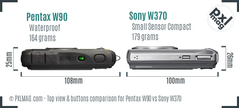 Pentax W90 vs Sony W370 top view buttons comparison Pentax W90 vs Sony W370 top view buttons comparison