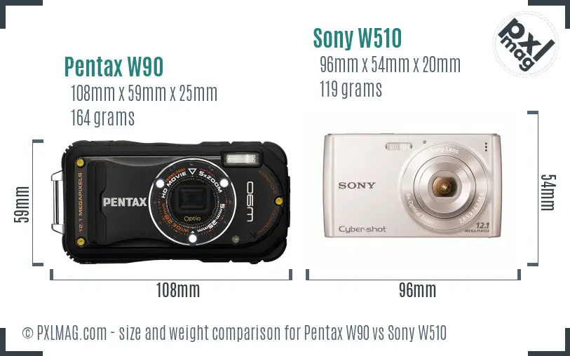 Pentax W90 vs Sony W510 size comparison
