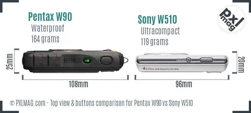 Pentax W90 vs Sony W510 top view buttons comparison