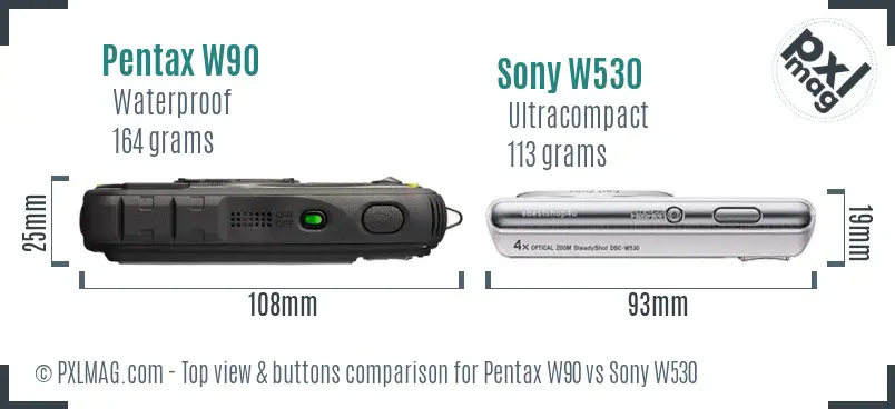 Pentax W90 vs Sony W530 top view buttons comparison Pentax W90 vs Sony W530 top view buttons comparison