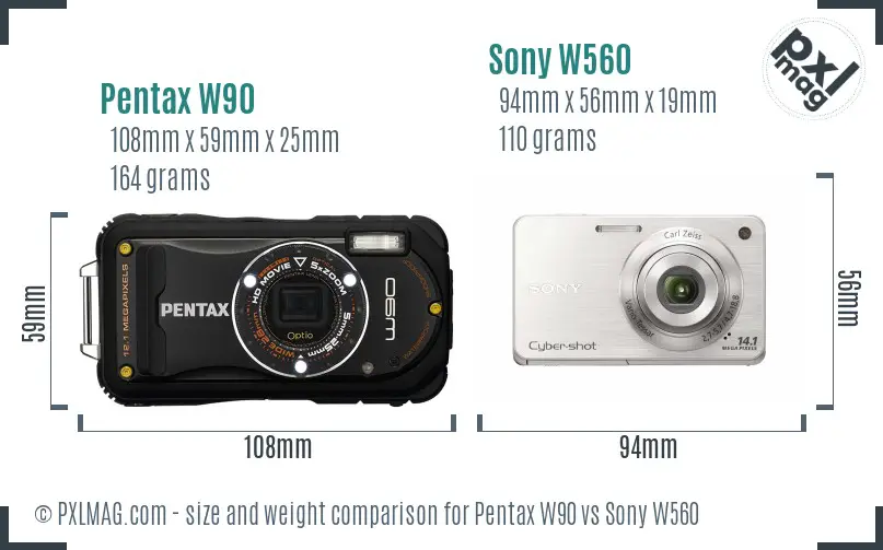 Pentax W90 vs Sony W560 size comparison