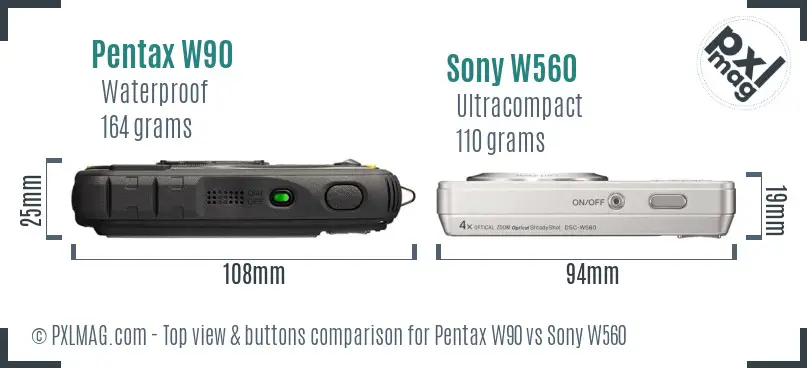 Pentax W90 vs Sony W560 top view buttons comparison