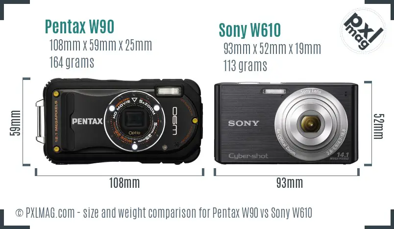 Pentax W90 vs Sony W610 size comparison