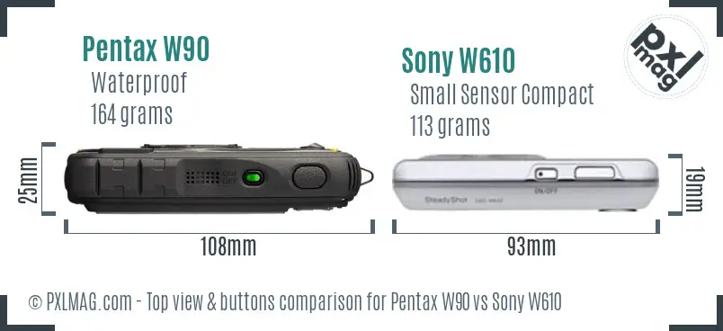 Pentax W90 vs Sony W610 top view buttons comparison