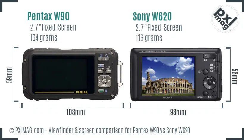 Pentax W90 vs Sony W620 Screen and Viewfinder comparison