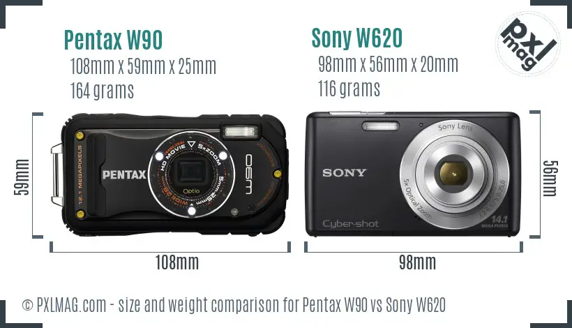 Pentax W90 vs Sony W620 size comparison