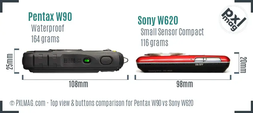 Pentax W90 vs Sony W620 top view buttons comparison