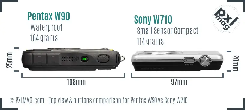 Pentax W90 vs Sony W710 top view buttons comparison Pentax W90 vs Sony W710 top view buttons comparison
