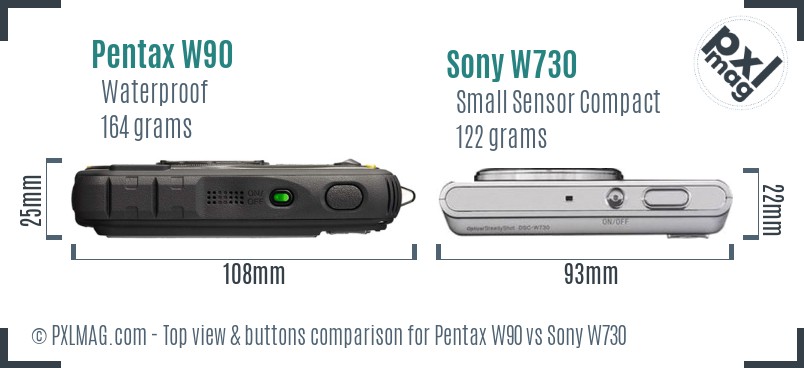 Pentax W90 vs Sony W730 top view buttons comparison