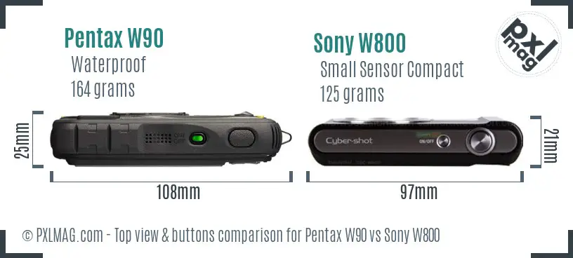 Pentax W90 vs Sony W800 top view buttons comparison