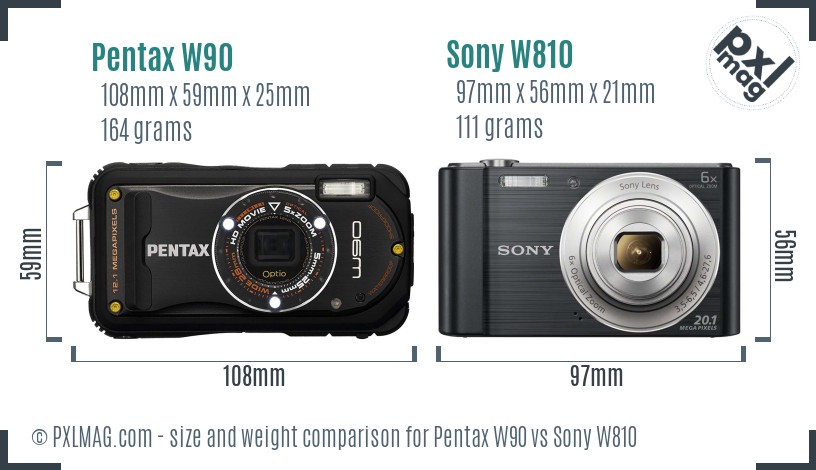 Pentax W90 vs Sony W810 size comparison