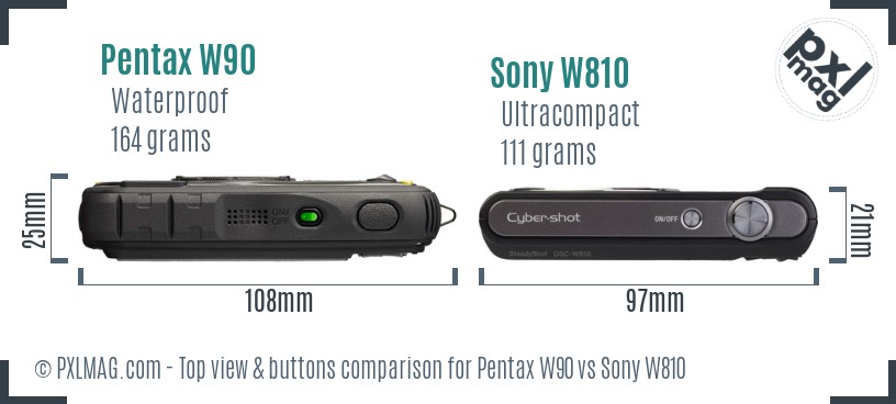 Pentax W90 vs Sony W810 top view buttons comparison