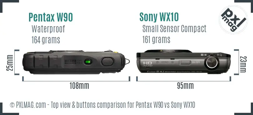 Pentax W90 vs Sony WX10 top view buttons comparison Pentax W90 vs Sony WX10 top view buttons comparison