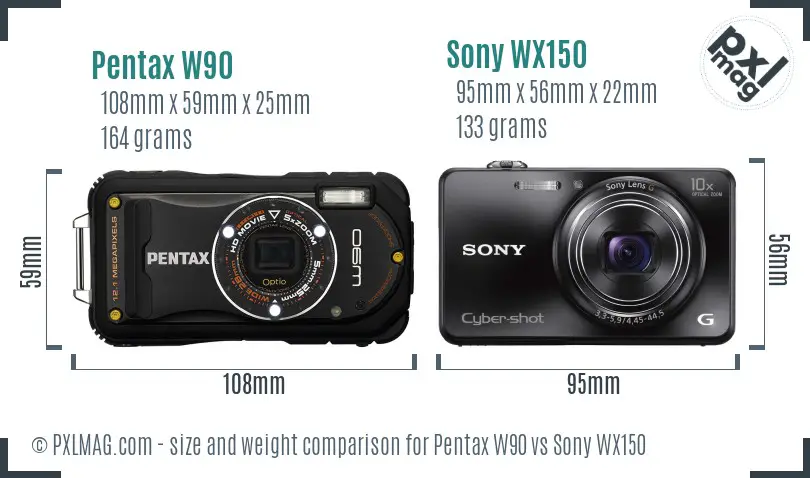 Pentax W90 vs Sony WX150 size comparison