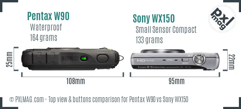 Pentax W90 vs Sony WX150 top view buttons comparison