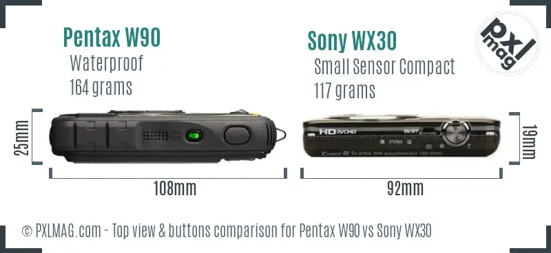 Pentax W90 vs Sony WX30 top view buttons comparison Pentax W90 vs Sony WX30 top view buttons comparison