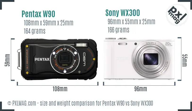 Pentax W90 vs Sony WX300 size comparison