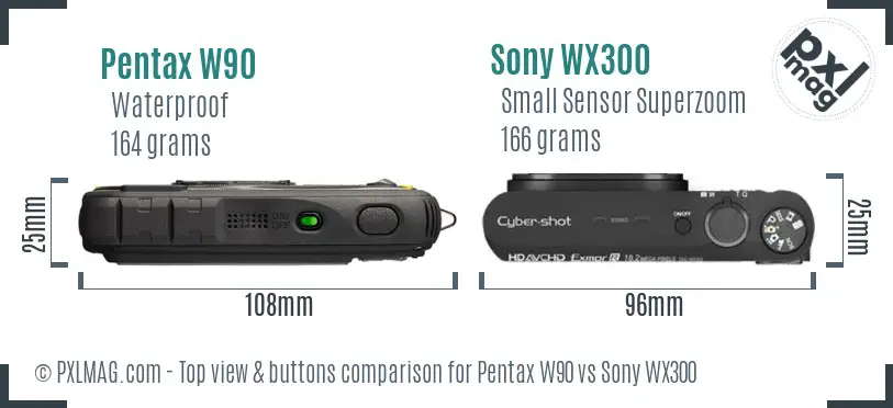 Pentax W90 vs Sony WX300 top view buttons comparison