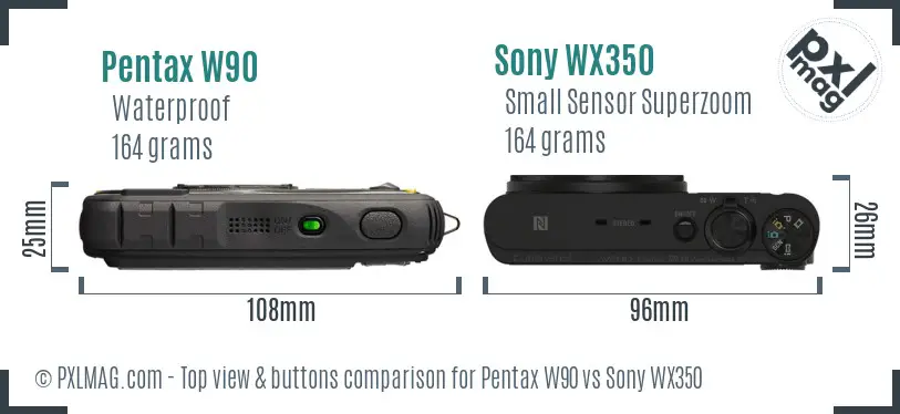 Pentax W90 vs Sony WX350 top view buttons comparison Pentax W90 vs Sony WX350 top view buttons comparison