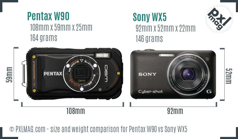 Pentax W90 vs Sony WX5 size comparison