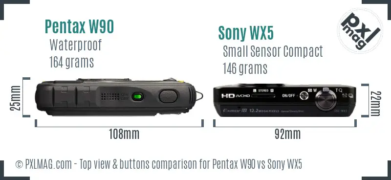 Pentax W90 vs Sony WX5 top view buttons comparison